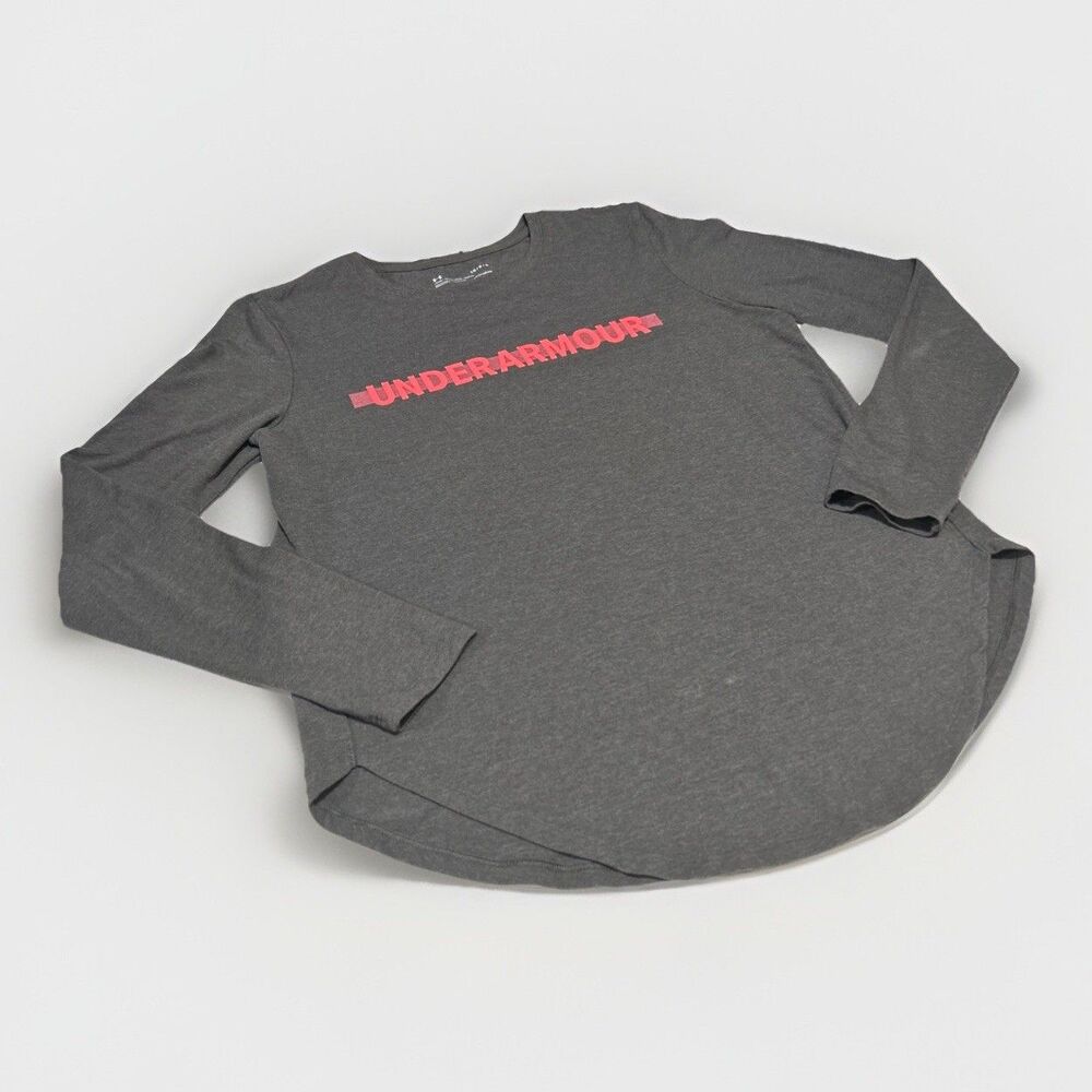 Under Armour HeatGear Charcoal Grey Pink Spell Out Long Sleeve Shirt Women's L